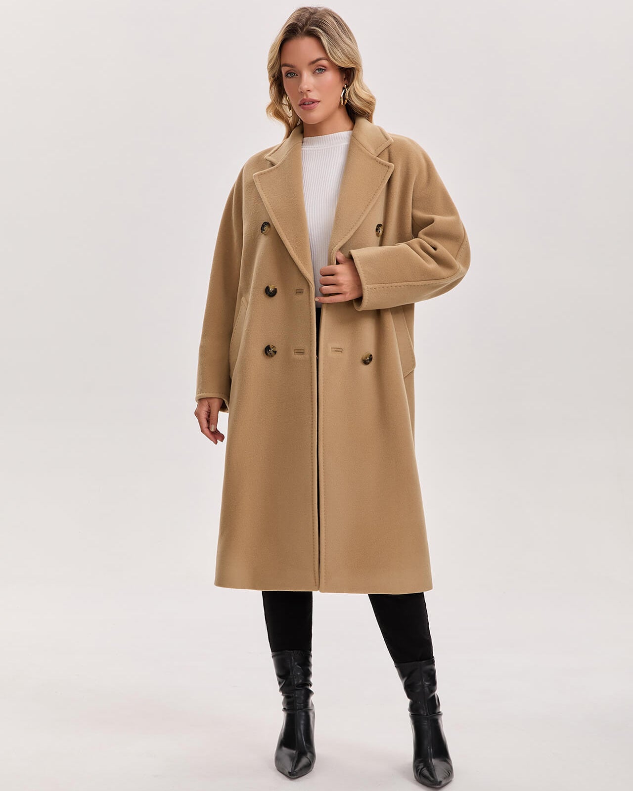 Max Mara Style Women’s Double-Faced 100% Wool & Cashmere Double-Breasted Coat- CAMEL
