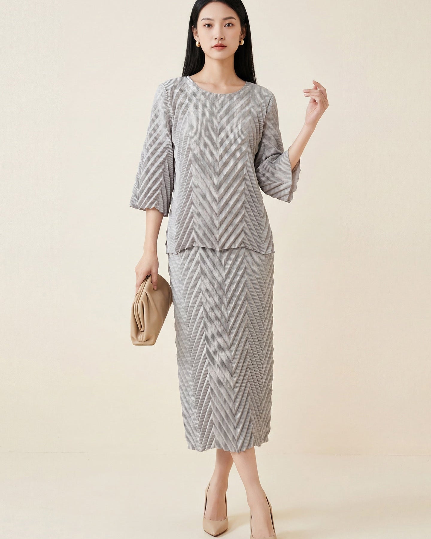 Pleated Long-Sleeve Skirt Set