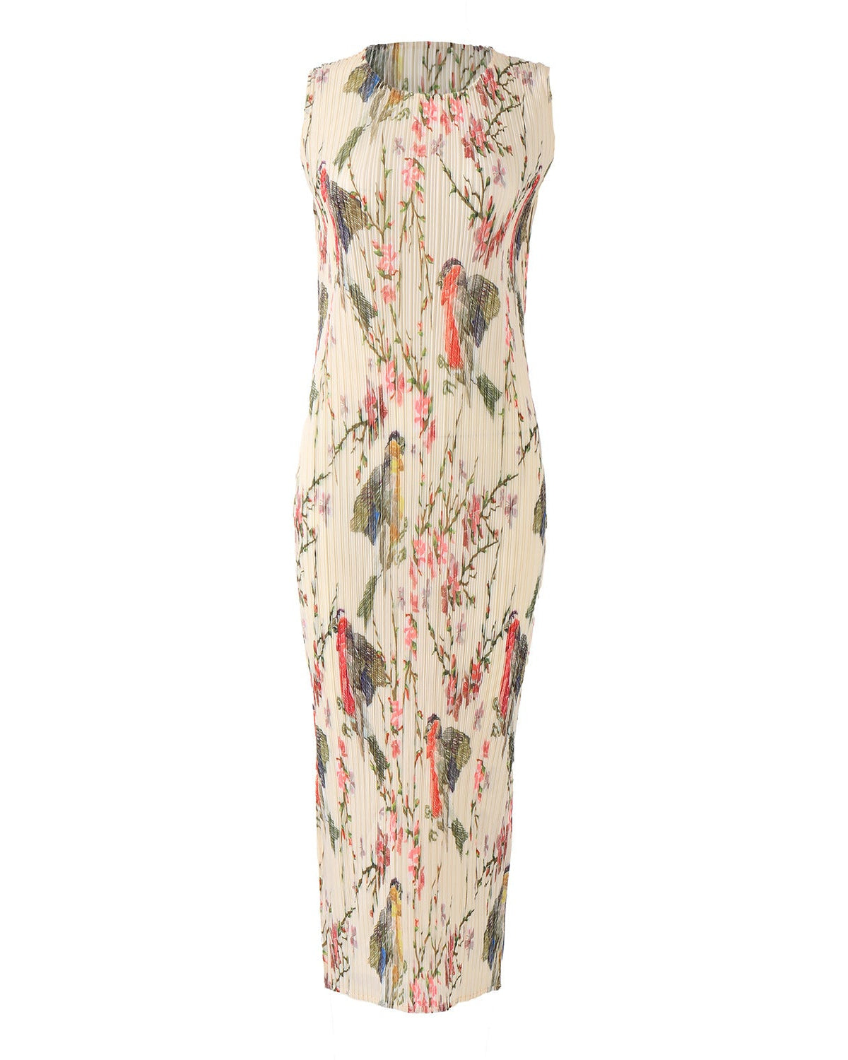 Printed Pleated Sleeveless Crew-Neck Midi Dress