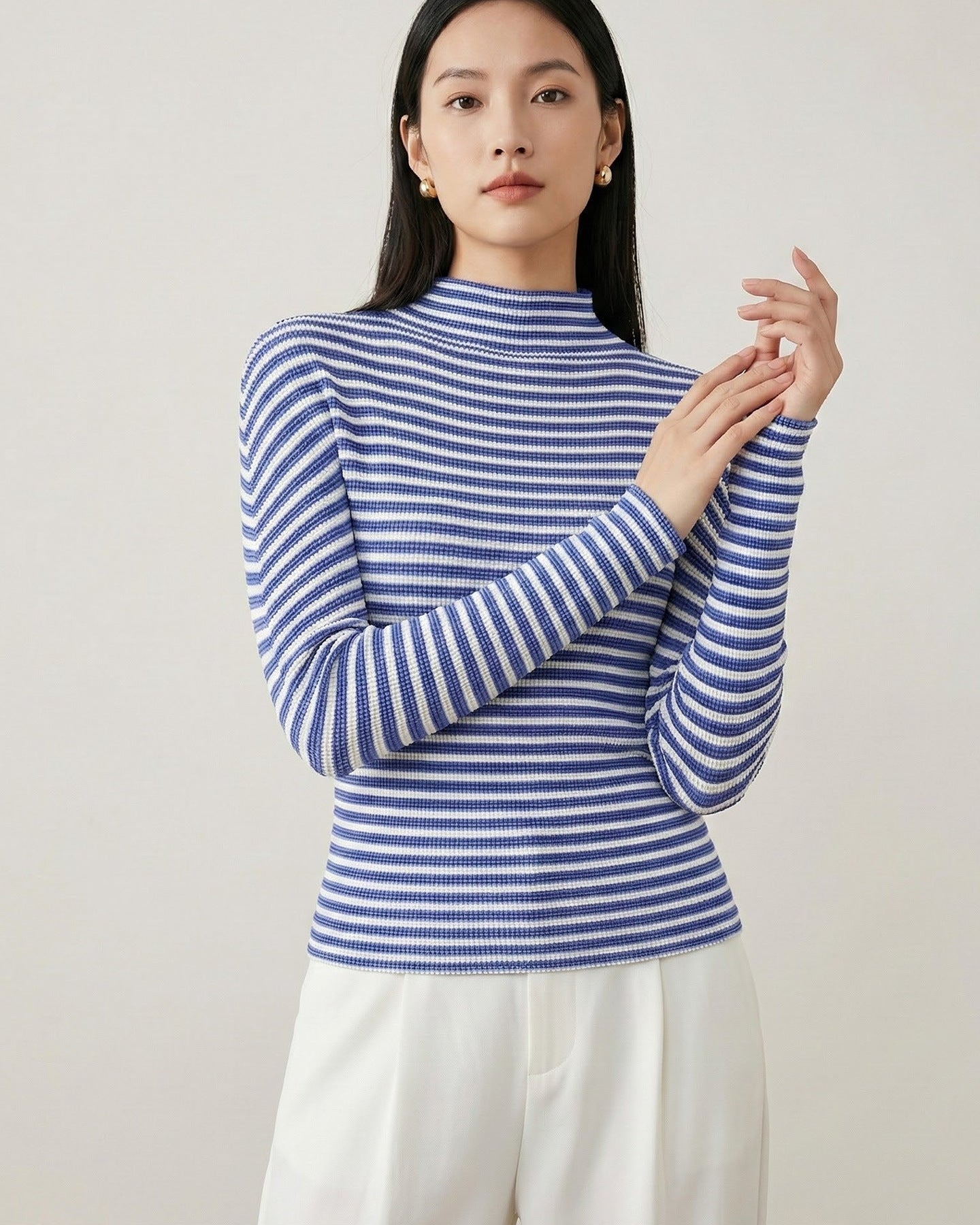 Pleated Semi-Turtleneck Slim-Fit Long-Sleeve Top