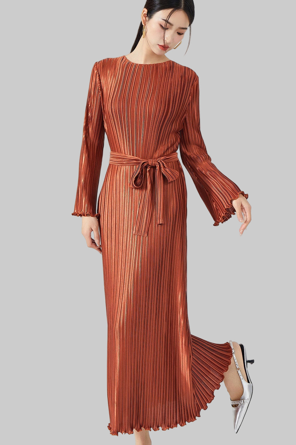 PLEATS PLEASE ISSEY MIYAKE Style Long Sleeve Pleated Maxi Dress – Lace-Up Waist