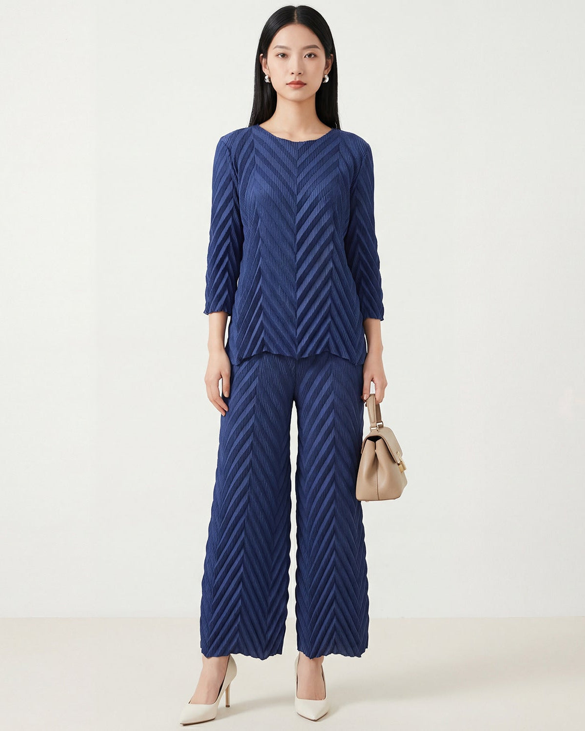 Pleated Long-Sleeve Crew-Neck Top & Wide-Leg Pants Set