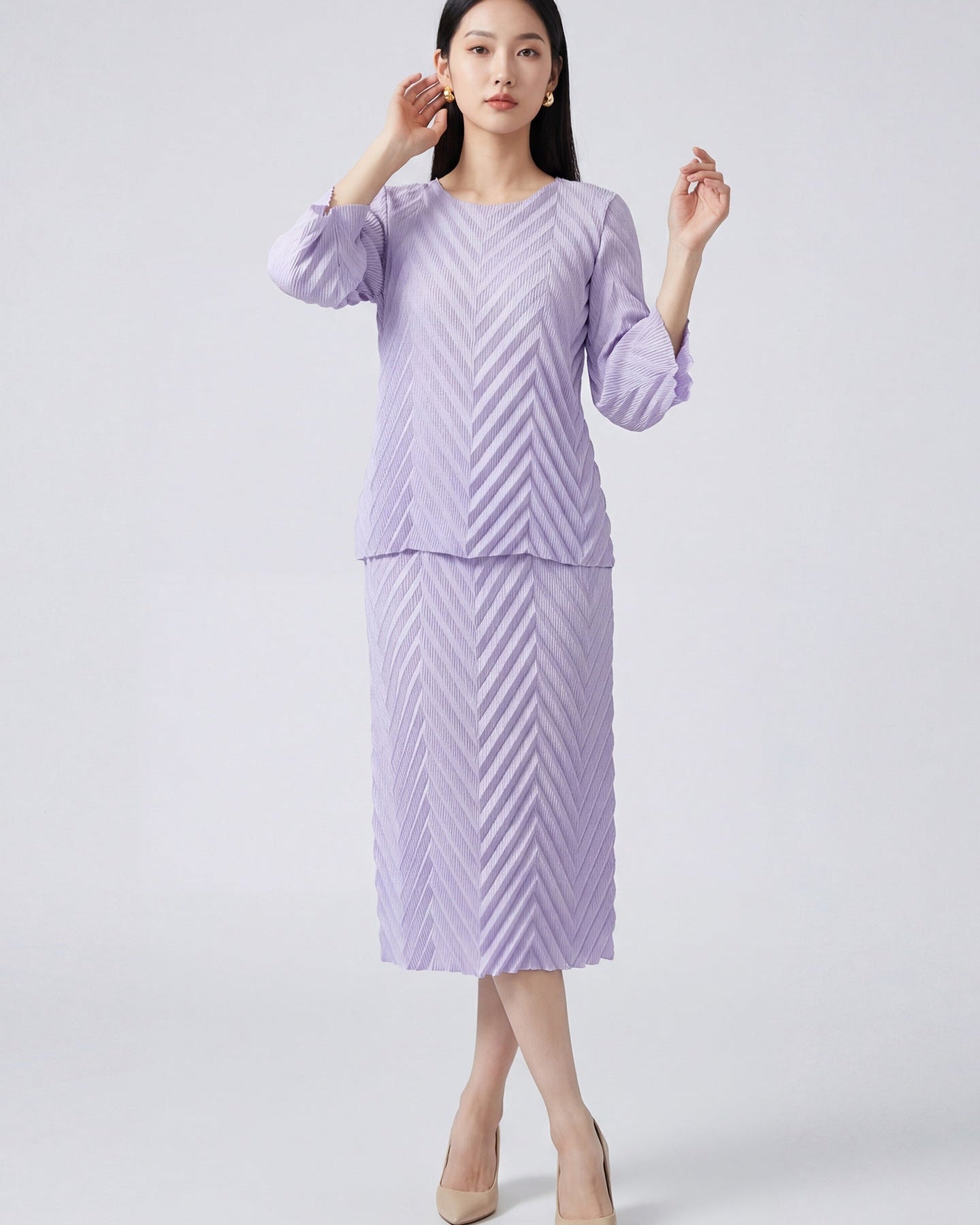 Pleated Long-Sleeve Skirt Set