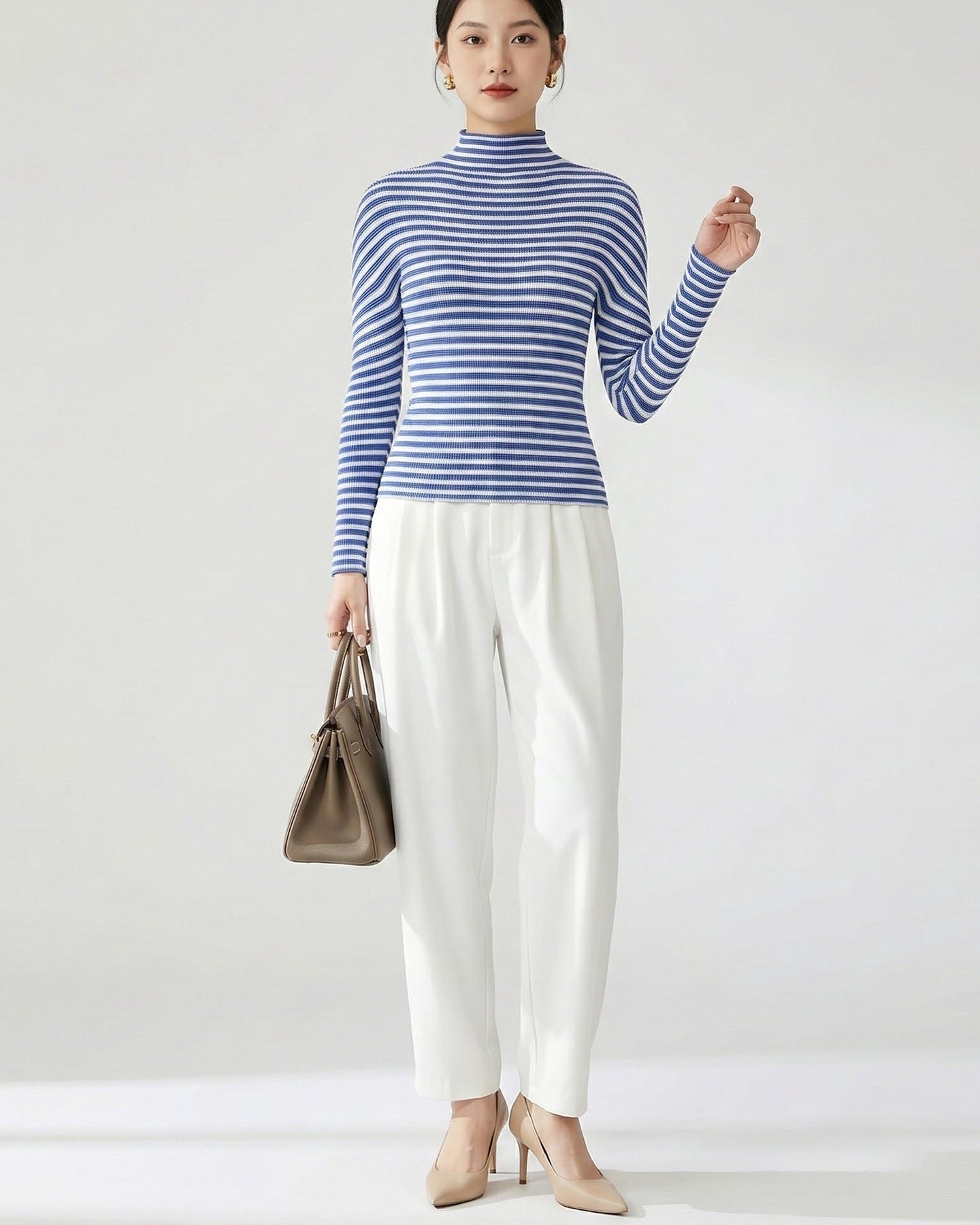 Pleated Semi-Turtleneck Slim-Fit Long-Sleeve Top