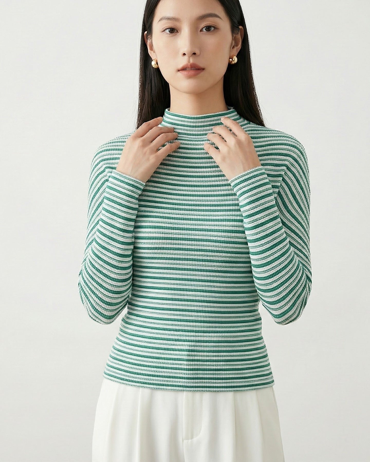 Pleated Semi-Turtleneck Slim-Fit Long-Sleeve Top