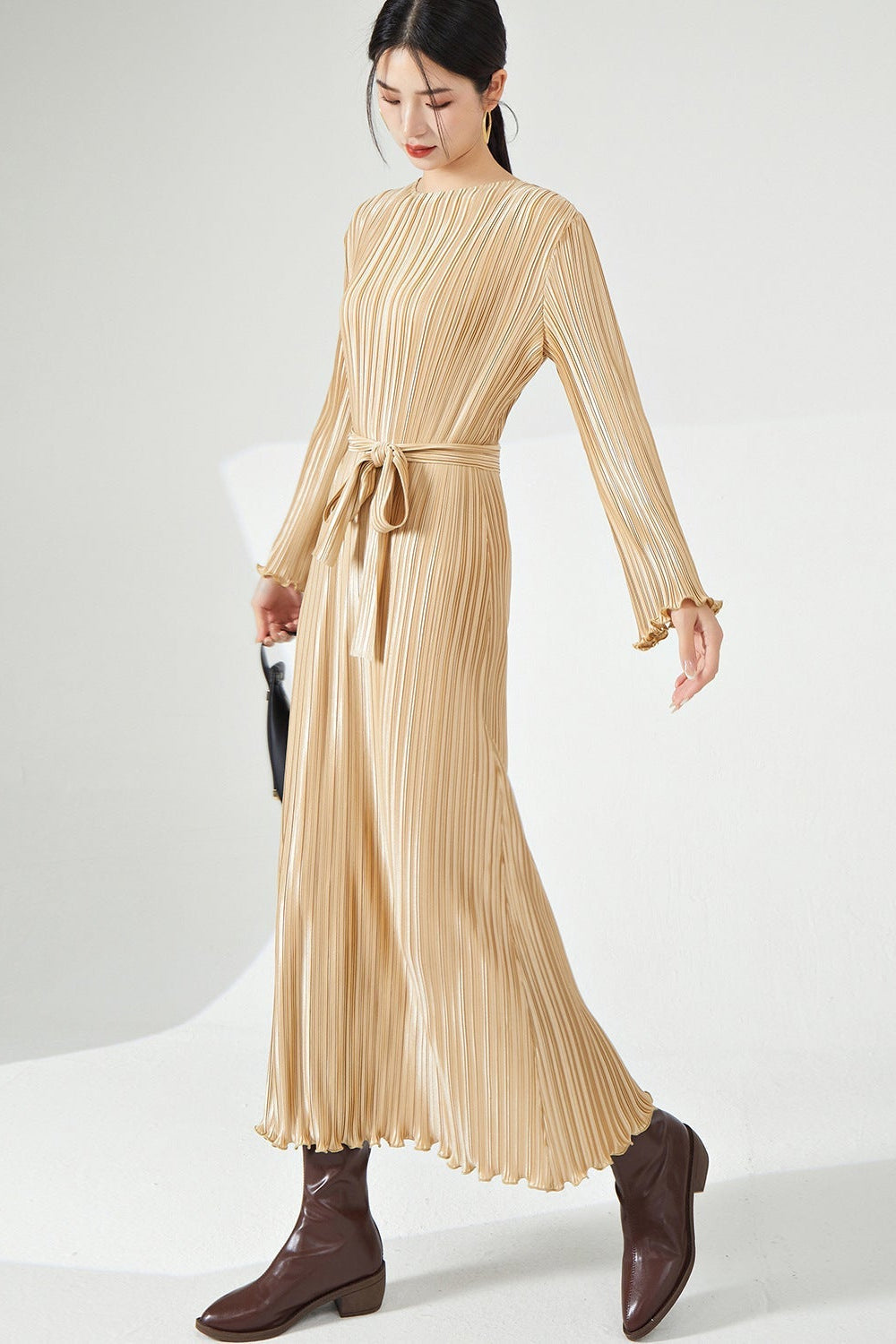 PLEATS PLEASE ISSEY MIYAKE Style Long Sleeve Pleated Maxi Dress – Lace-Up Waist