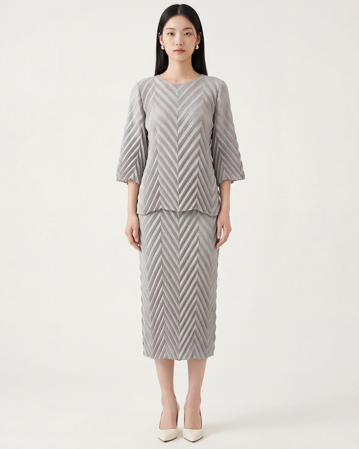 Pleated Long-Sleeve Skirt Set