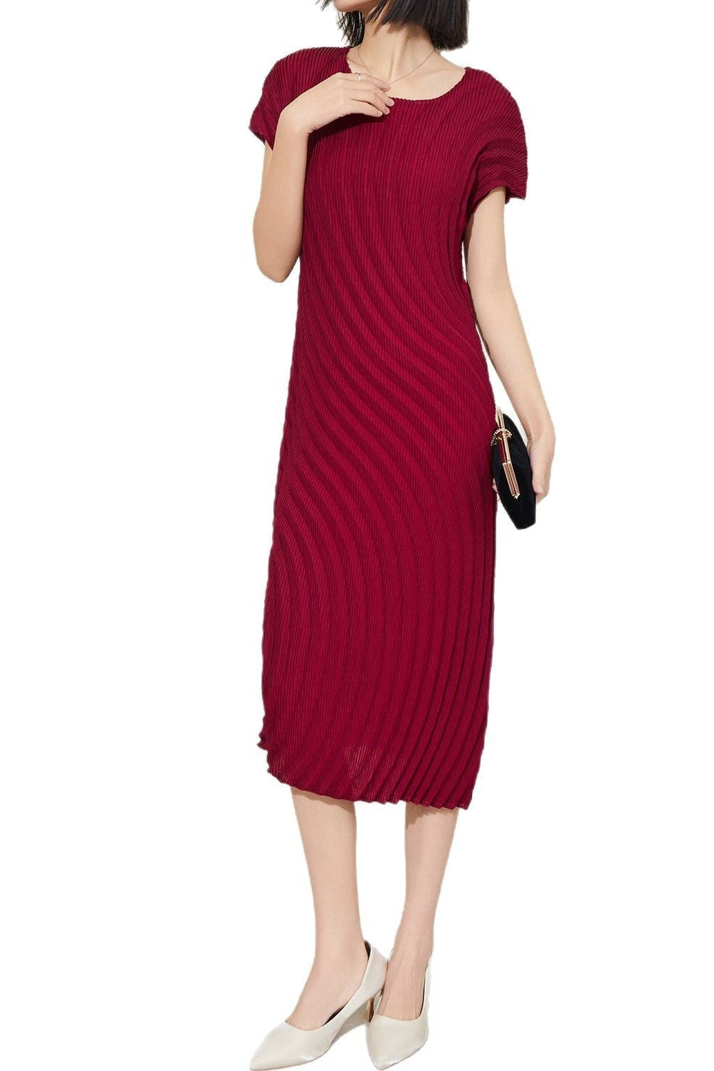 Counter quality water ripple annual ring curved dress summer new Miyake versatile commuting fashion short sleeve long skirt IsseyMiyakePleats