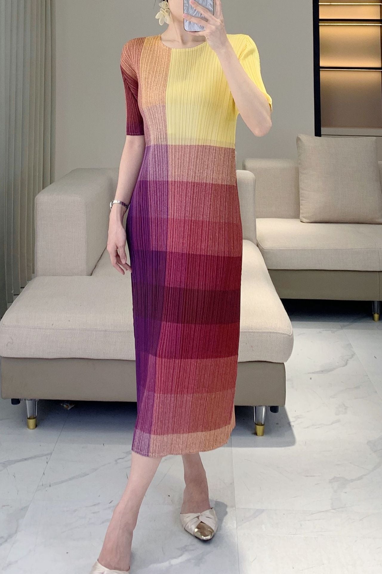 PLEATS PLEASE ISSEY MIYAKE Style Women’s Designer-Inspired Colorblock Pleated Dress
