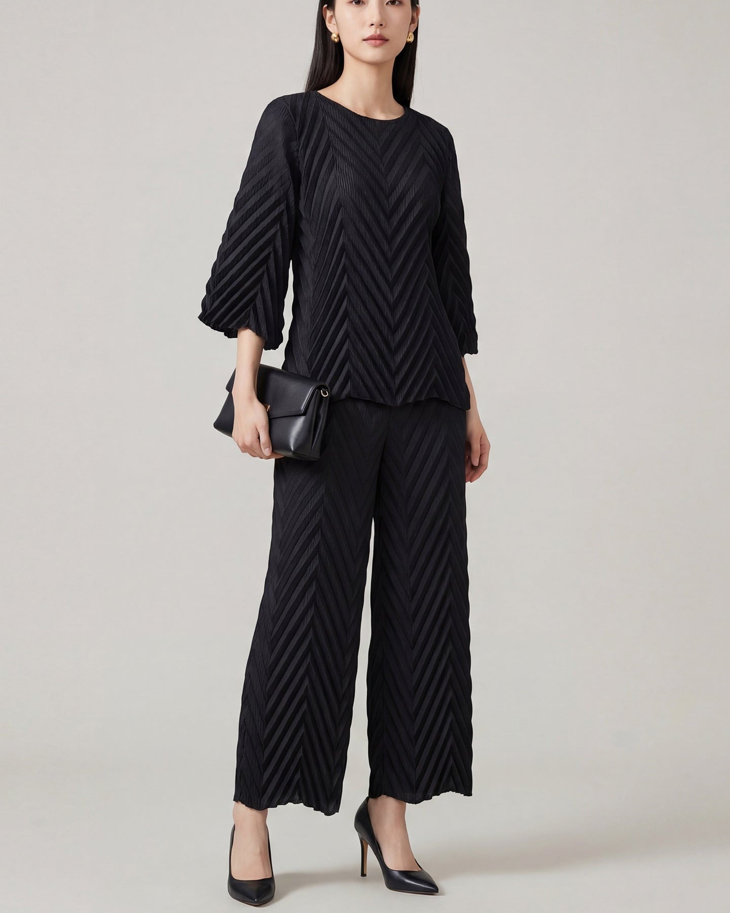 Pleated Long-Sleeve Crew-Neck Top & Wide-Leg Pants Set