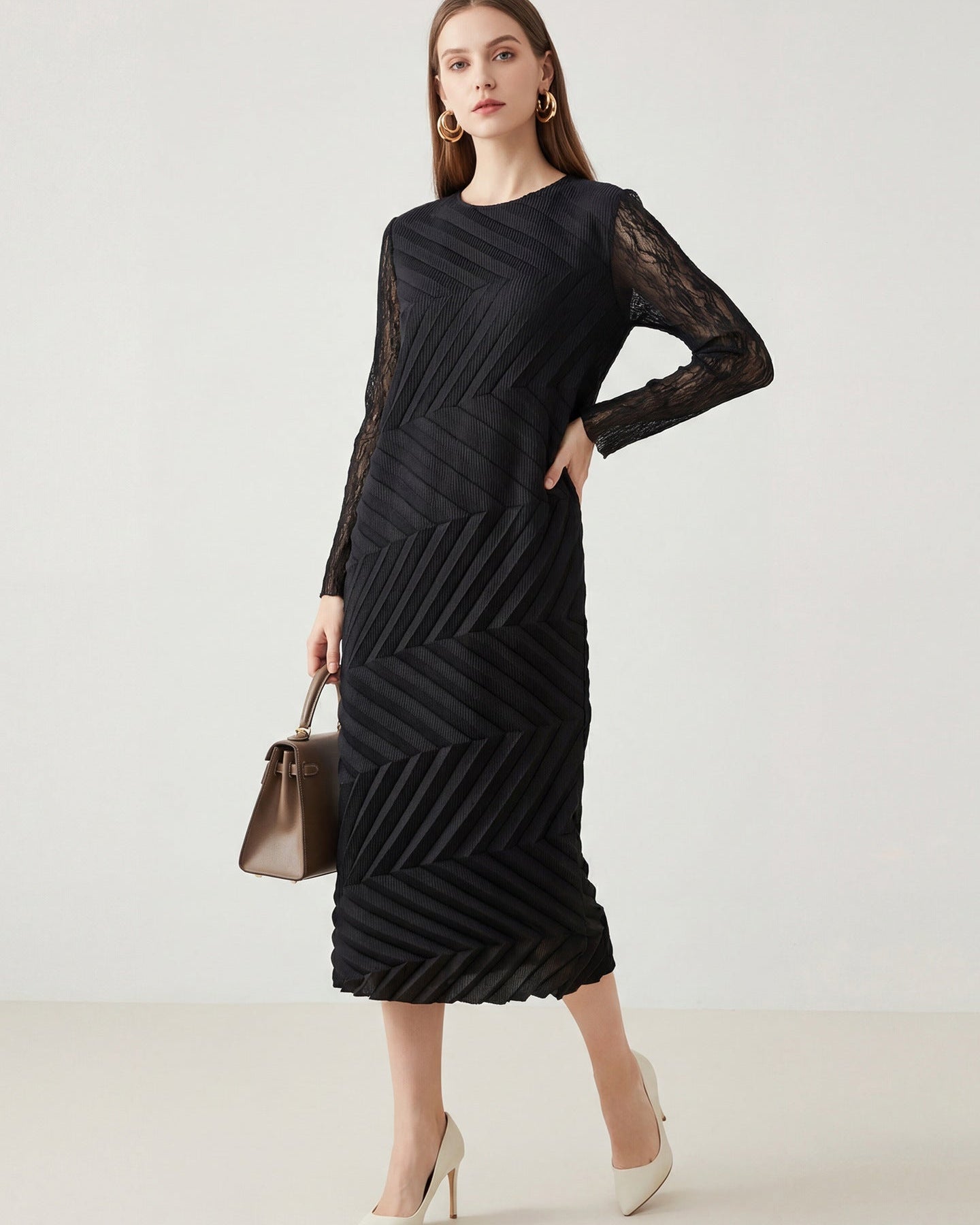 Irregular Pleated Red Long-Sleeve Crew-Neck Dress