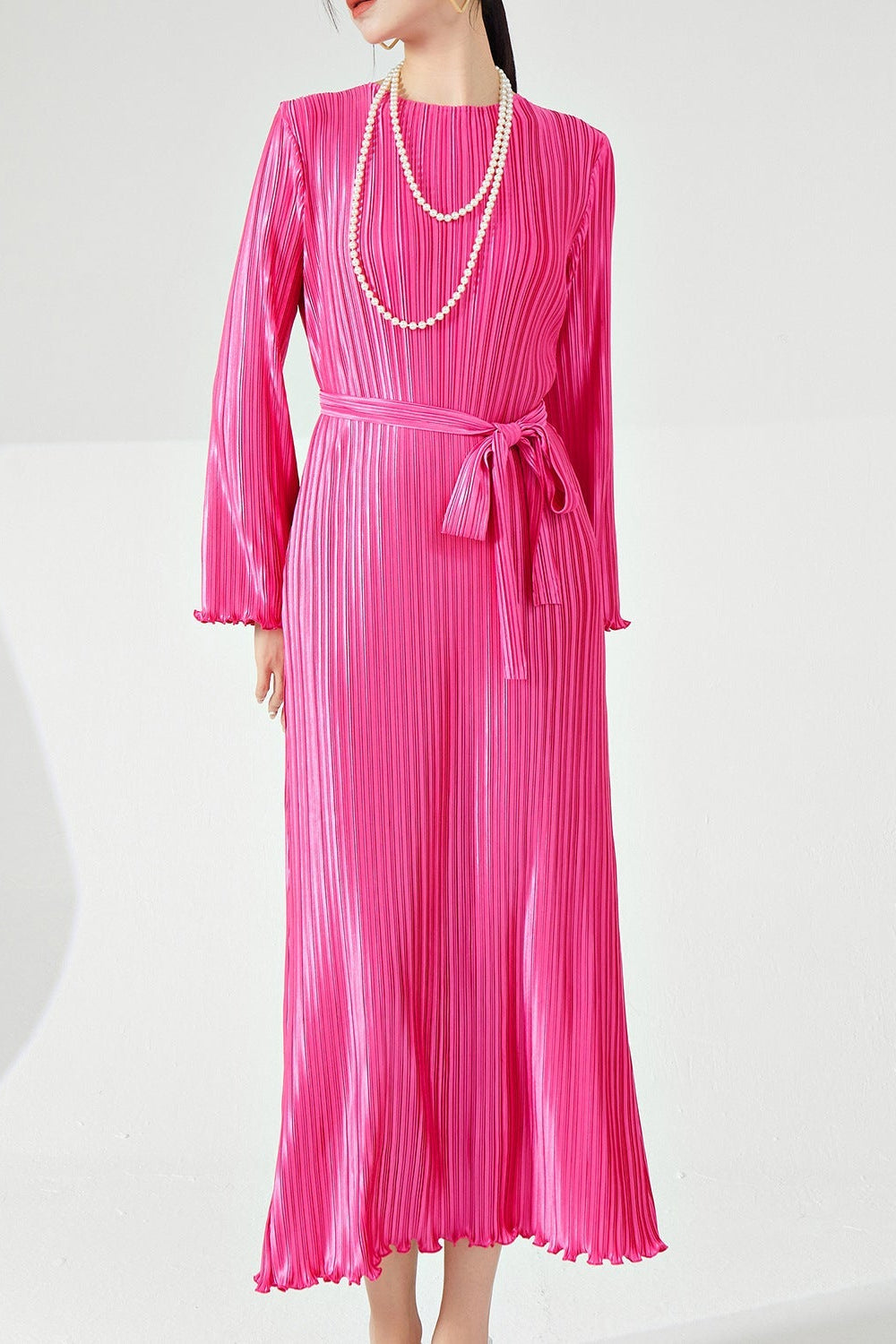 PLEATS PLEASE ISSEY MIYAKE Style Long Sleeve Pleated Maxi Dress – Lace-Up Waist