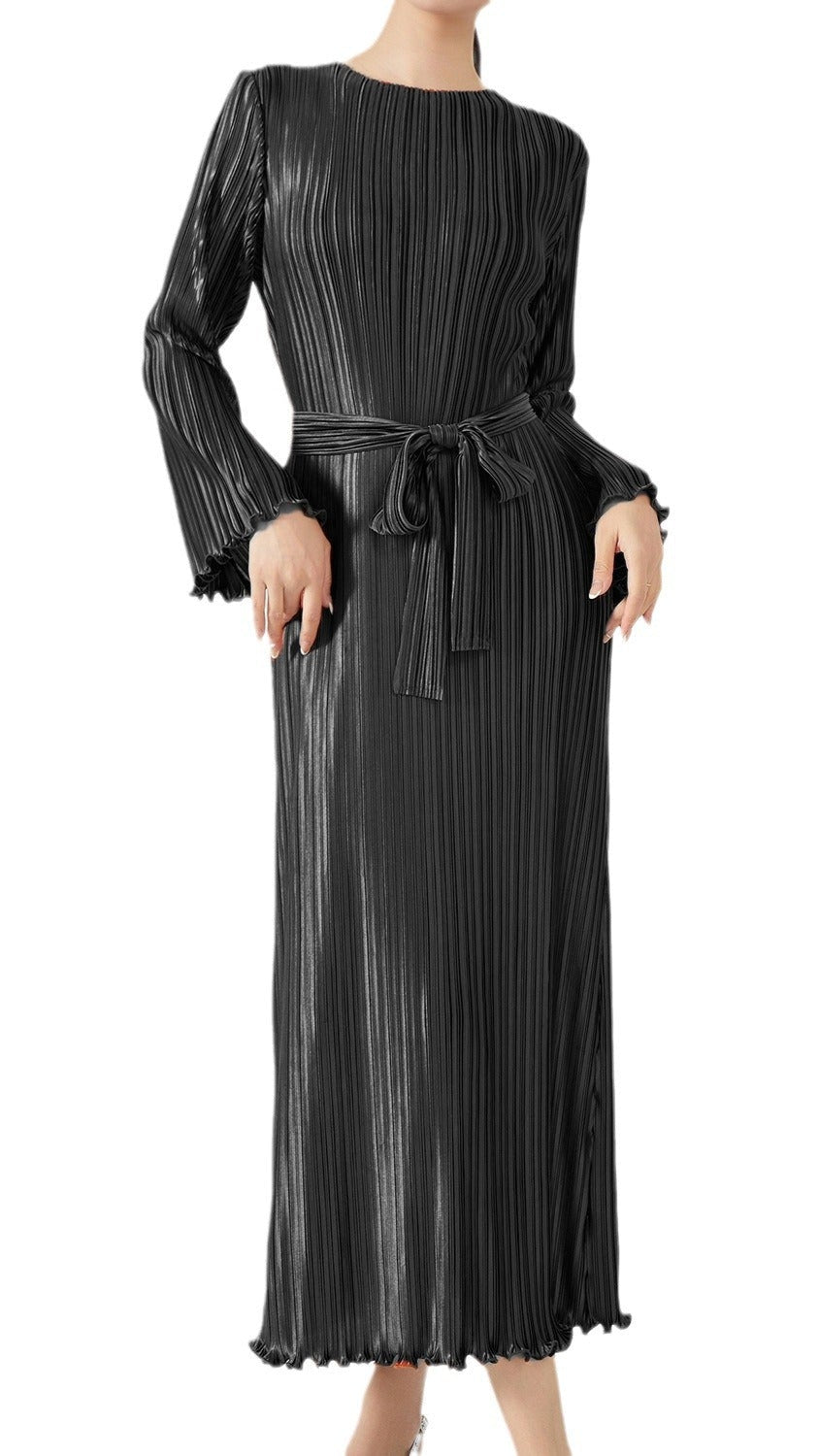 PLEATS PLEASE ISSEY MIYAKE Style Long Sleeve Pleated Maxi Dress – Lace-Up Waist