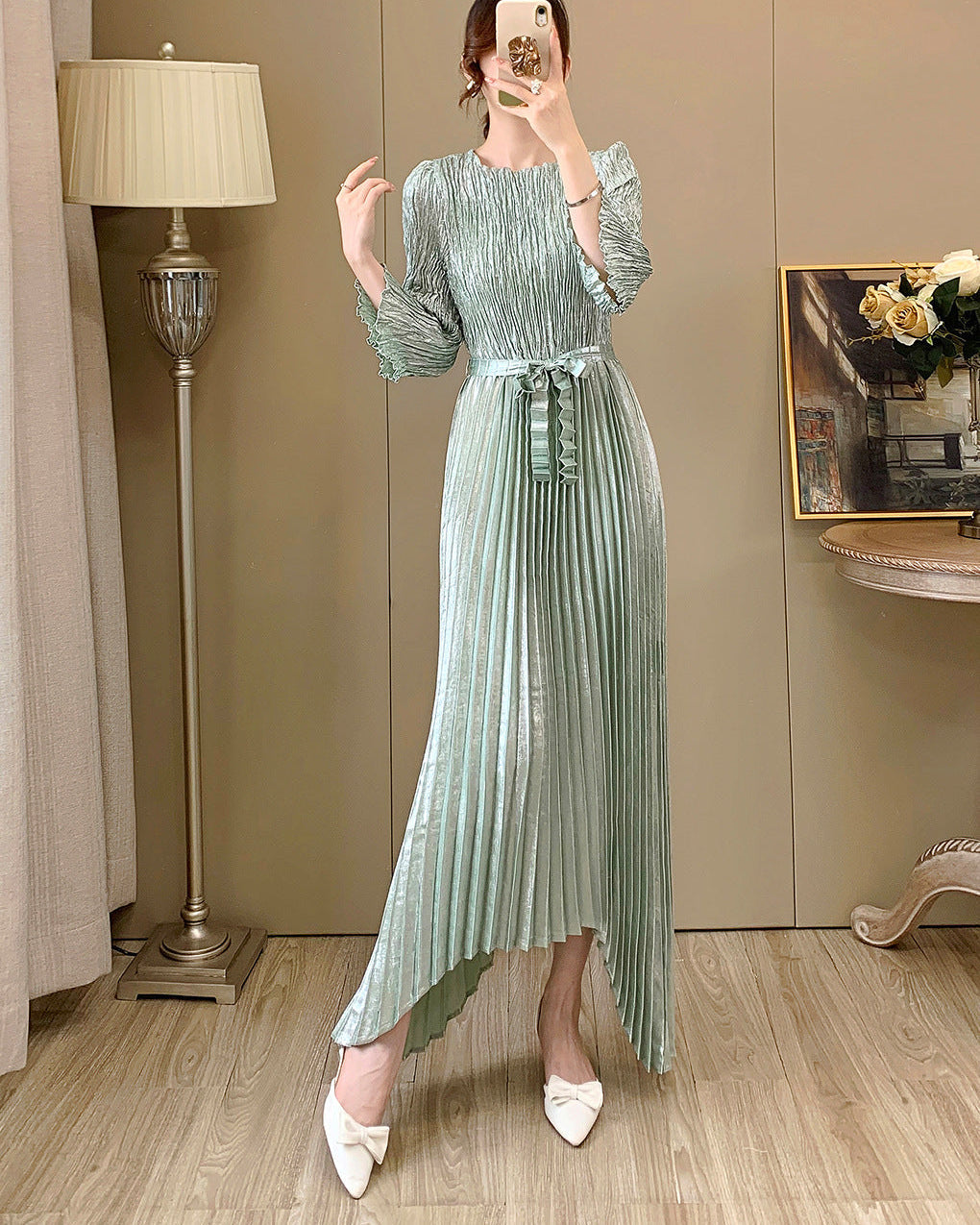 Irregular Lace-Up Pleated Midi Dress