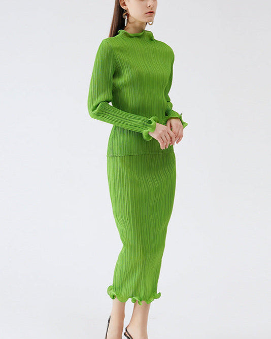 PLEATS PLEASE ISSEY MIYAKE Style Green Pleated A-Line Skirt Set