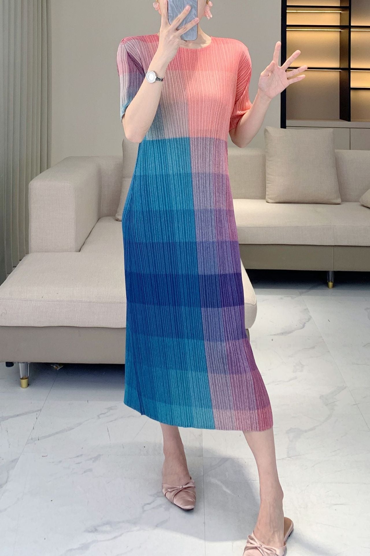 PLEATS PLEASE ISSEY MIYAKE Style Women’s Designer-Inspired Colorblock Pleated Dress