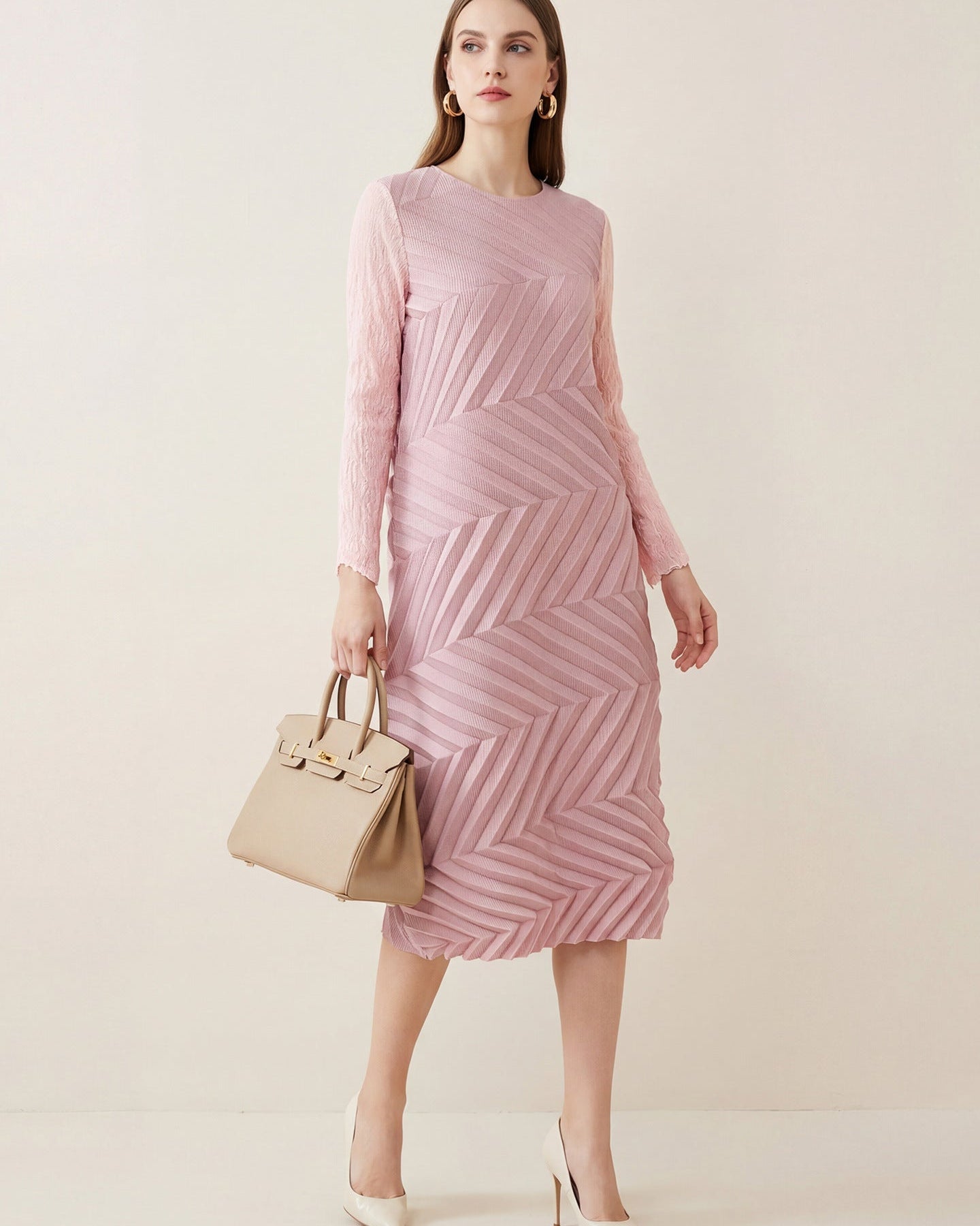 Irregular Pleated Red Long-Sleeve Crew-Neck Dress