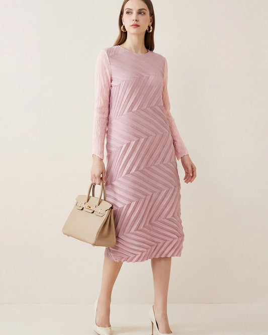 Irregular Pleated Red Long-Sleeve Crew-Neck Dress