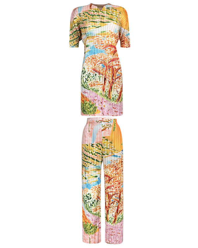 Pleated Tree Painting Print Two-Piece Set for Women