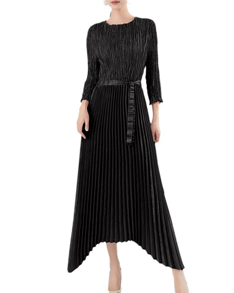 Irregular Lace-Up Pleated Midi Dress