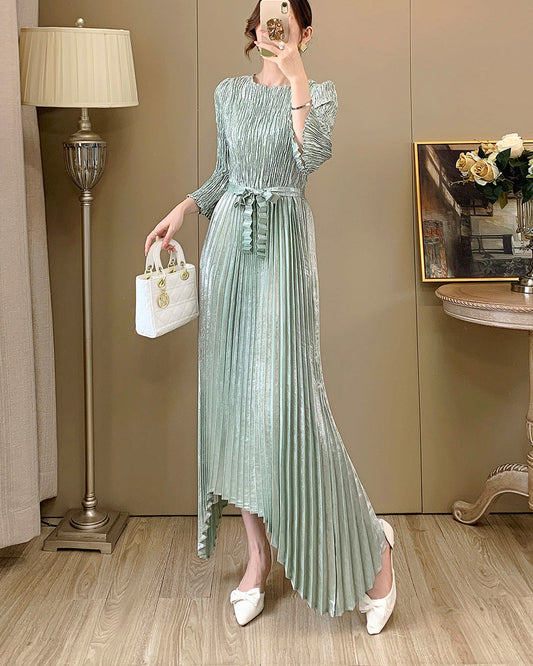 Irregular Lace-Up Pleated Midi Dress