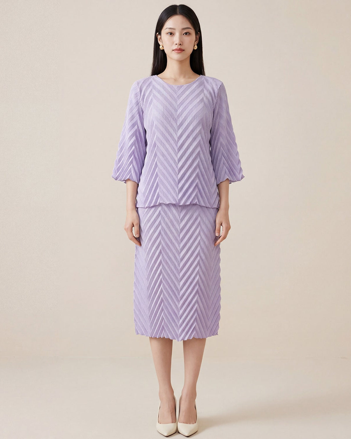 Pleated Long-Sleeve Skirt Set