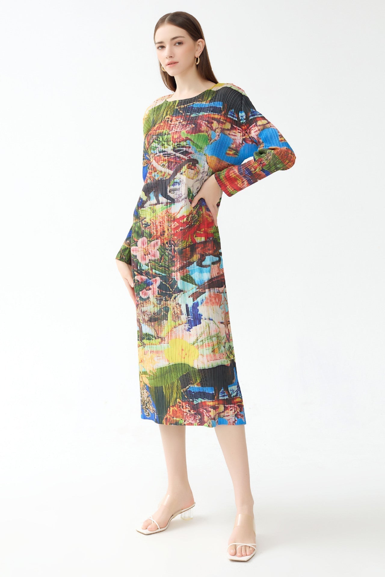 Miyake dress women's summer new pleated Jurassic print long sleeve crew neck A-line skirt long colored skirt