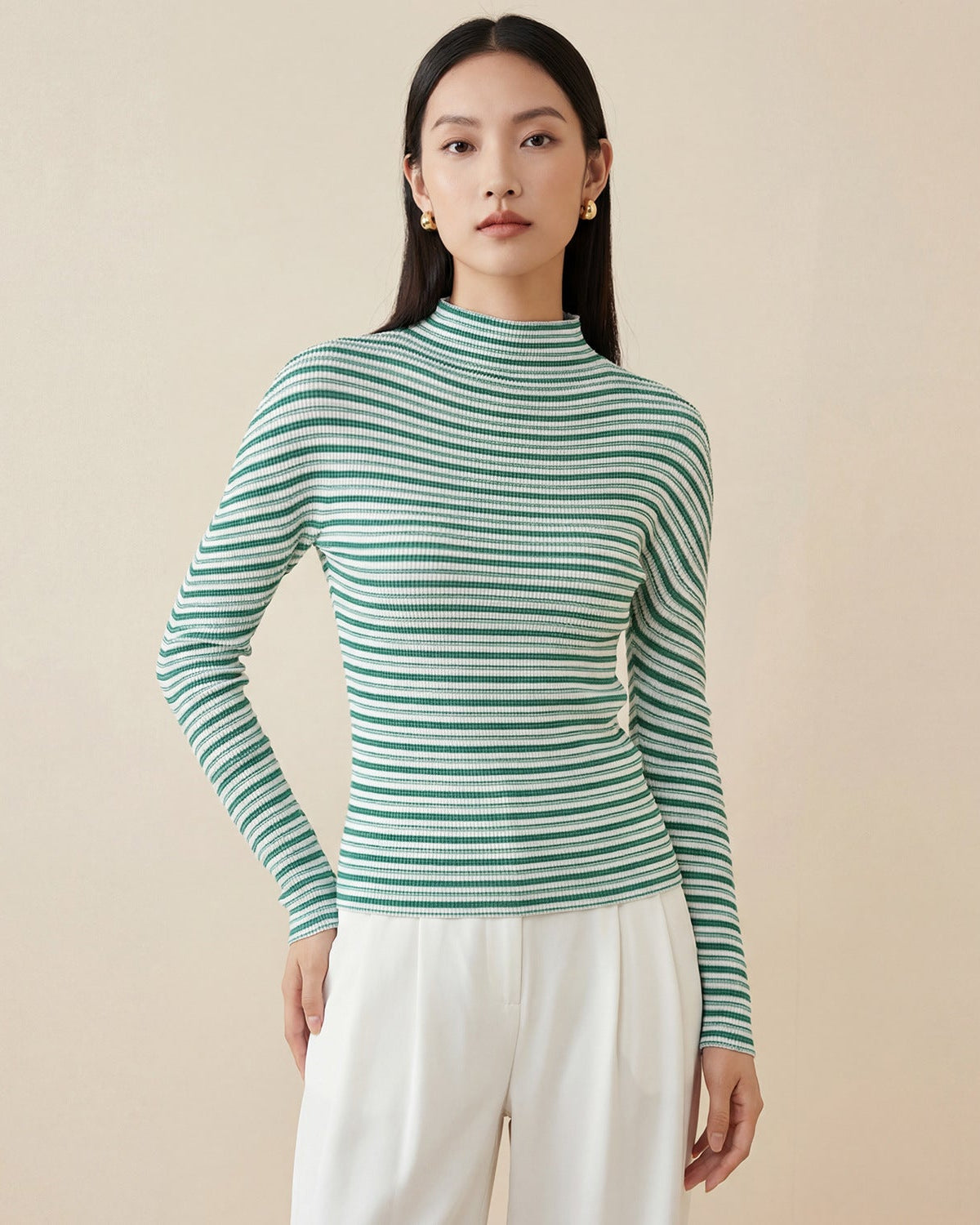 Pleated Semi-Turtleneck Slim-Fit Long-Sleeve Top