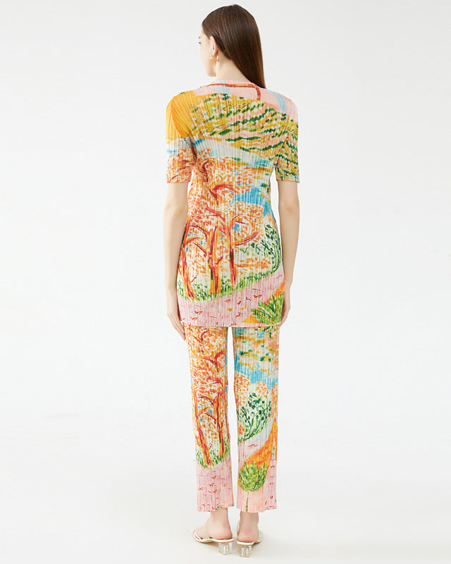Pleated Tree Painting Print Two-Piece Set for Women