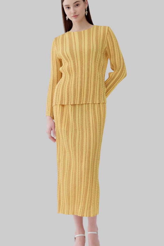 PLEATS PLEASE ISSEY MIYAKE Style Pleated Striped Top and Slim Skirt Set