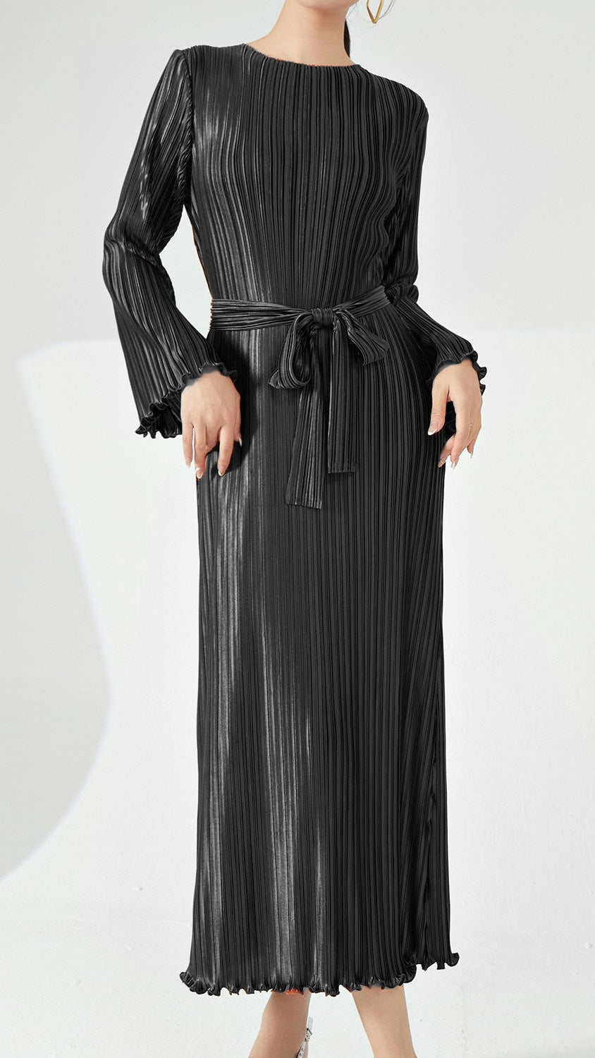 PLEATS PLEASE ISSEY MIYAKE Style Long Sleeve Pleated Maxi Dress – Lace-Up Waist