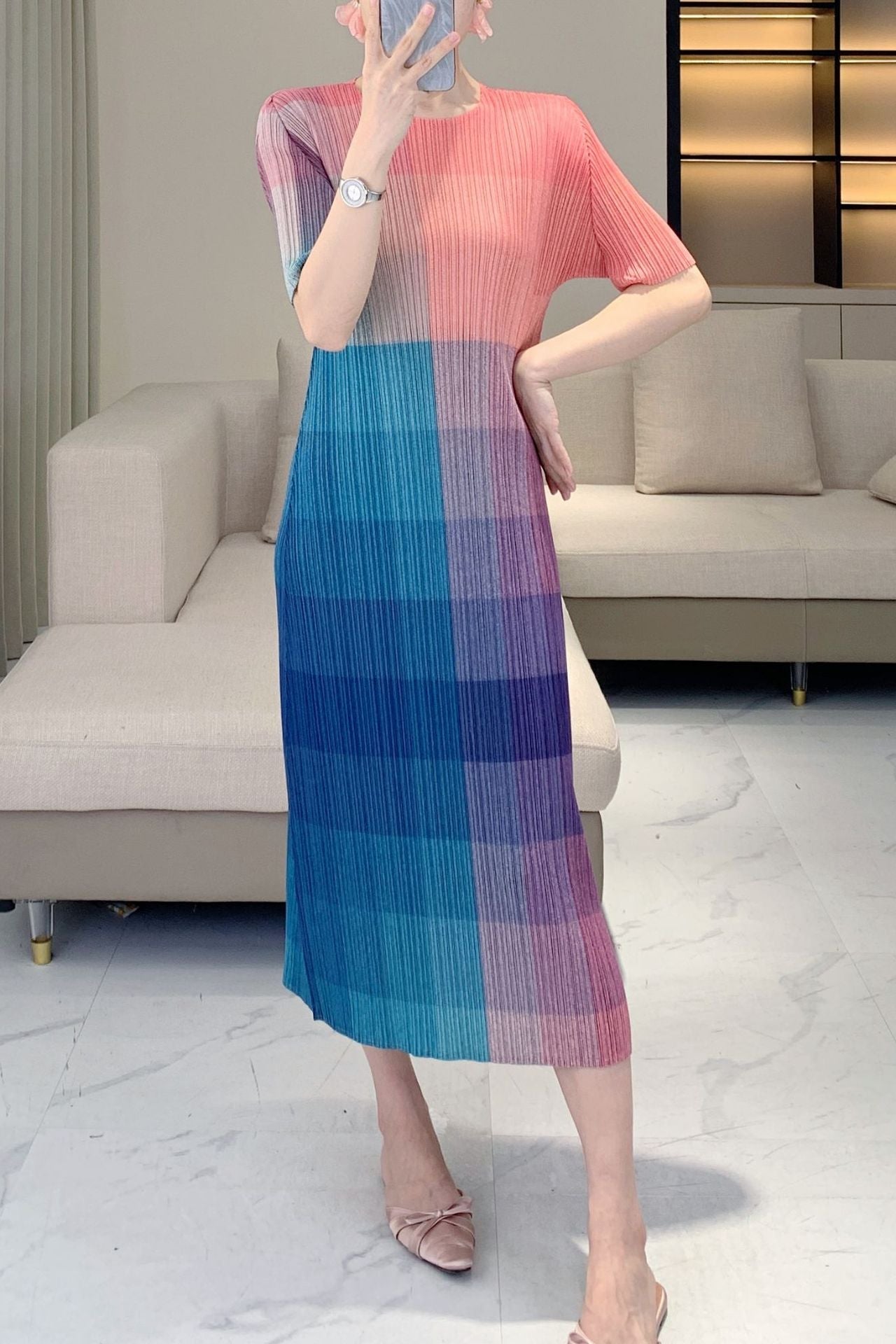 PLEATS PLEASE ISSEY MIYAKE Style Women’s Designer-Inspired Colorblock Pleated Dress