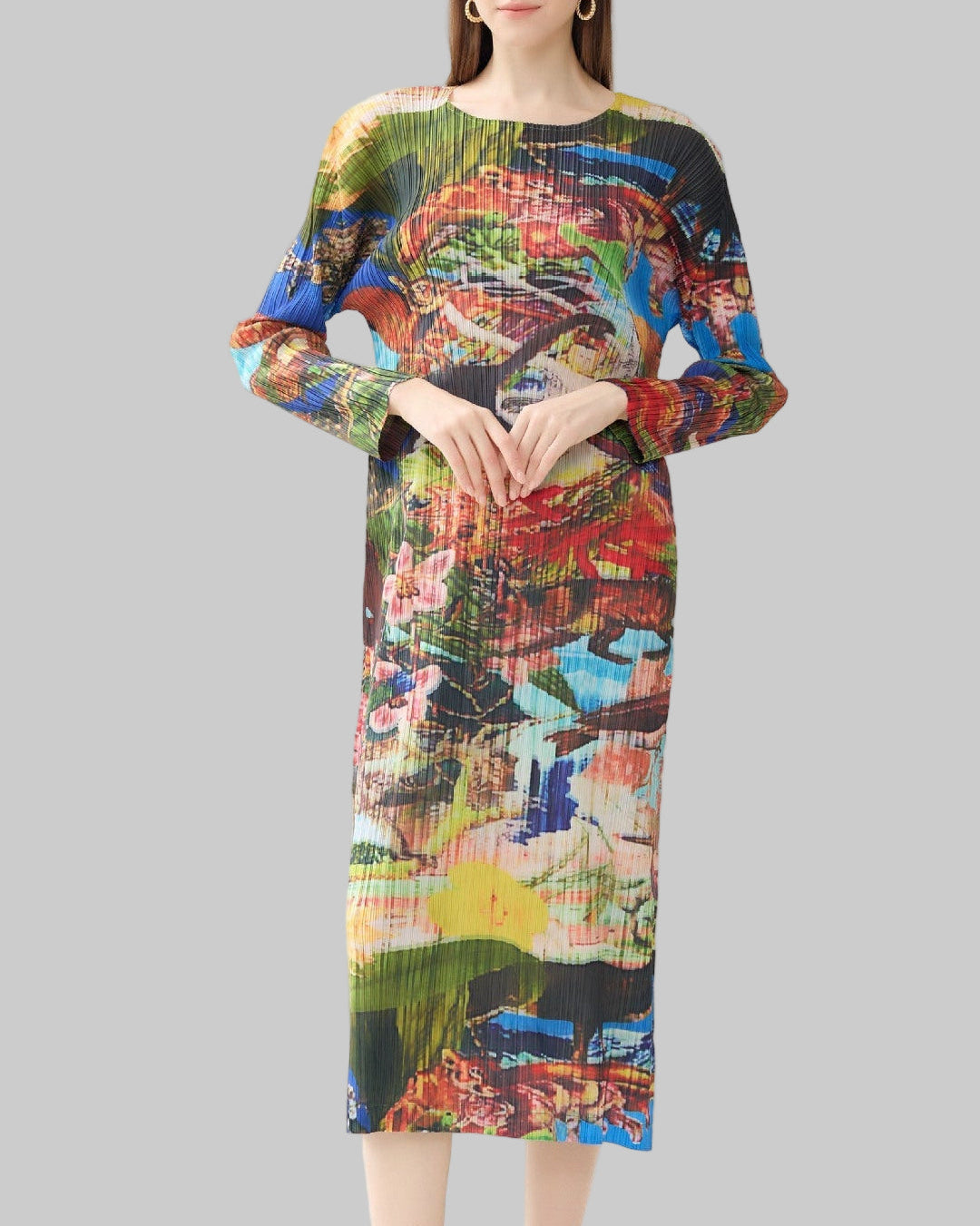 Miyake dress women's summer new pleated Jurassic print long sleeve crew neck A-line skirt long colored skirt