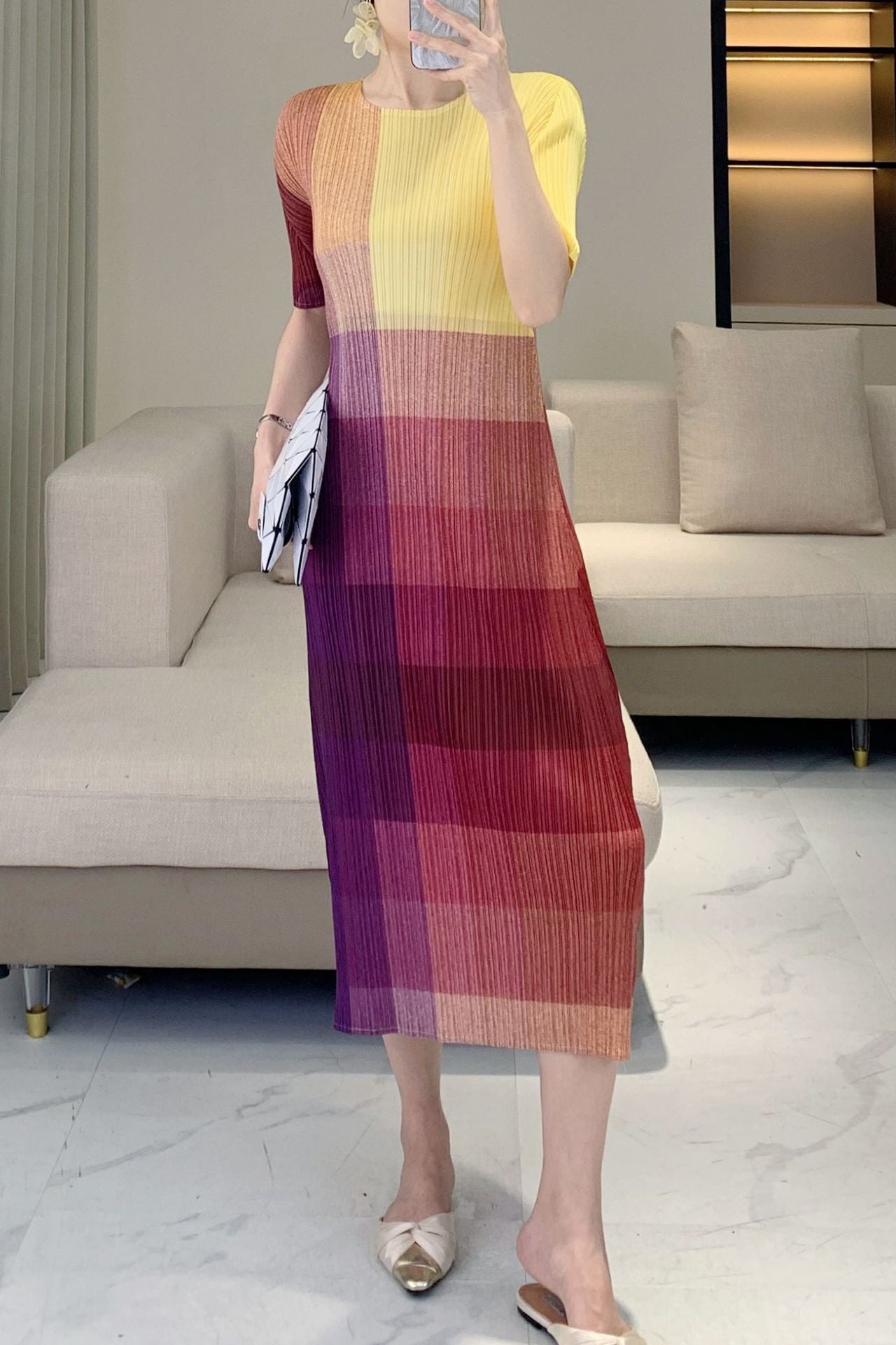 PLEATS PLEASE ISSEY MIYAKE Style Women’s Designer-Inspired Colorblock Pleated Dress