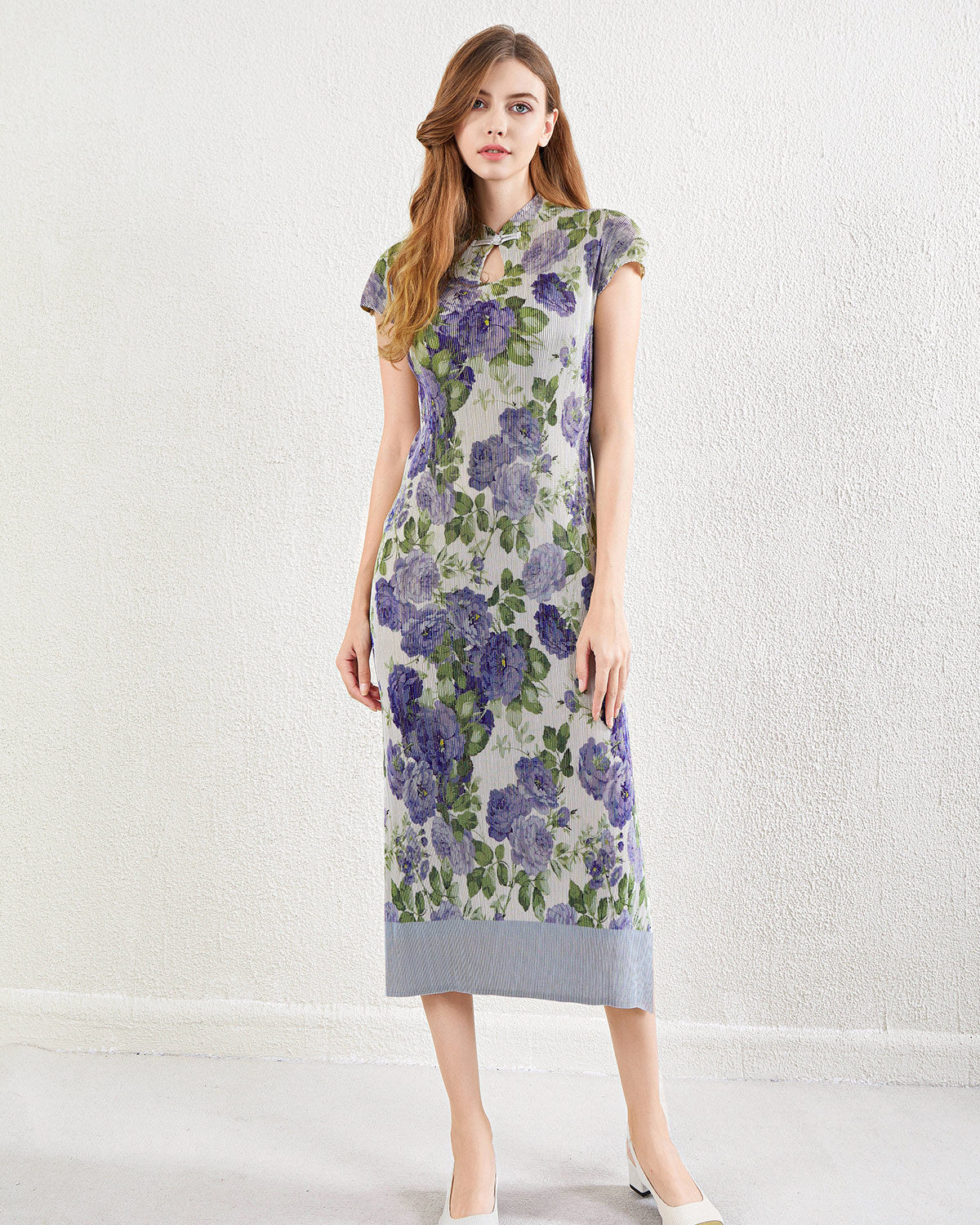 Pleated Printed Cheongsam Dress