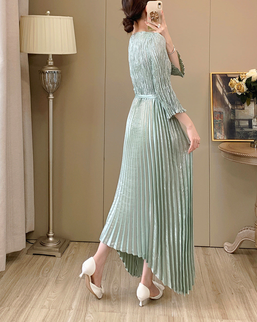 Irregular Lace-Up Pleated Midi Dress