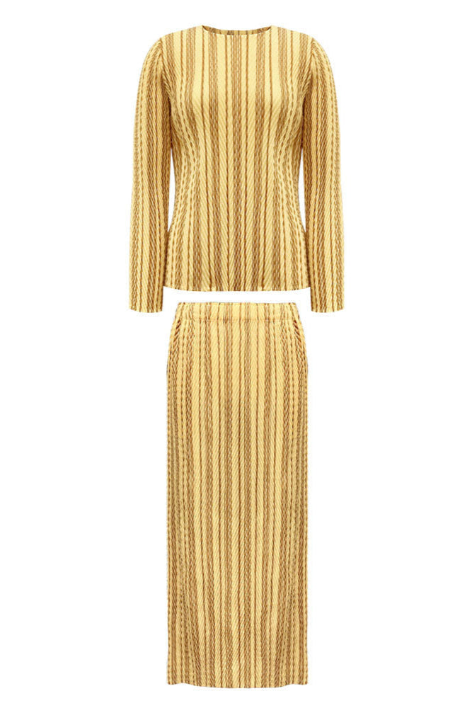 PLEATS PLEASE ISSEY MIYAKE Style Pleated Striped Top and Slim Skirt Set