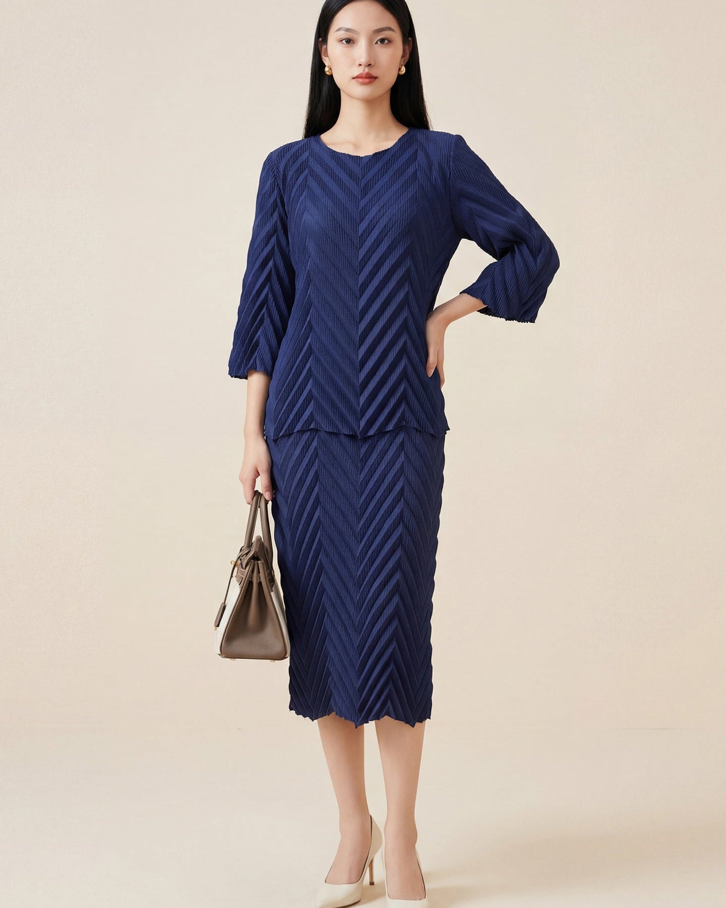 Pleated Long-Sleeve Skirt Set