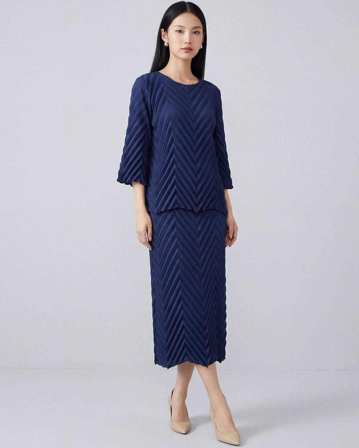 Pleated Long-Sleeve Skirt Set