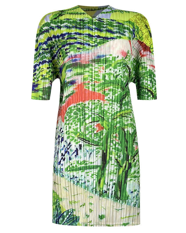 Pleated Tree Painting Print Two-Piece Set for Women