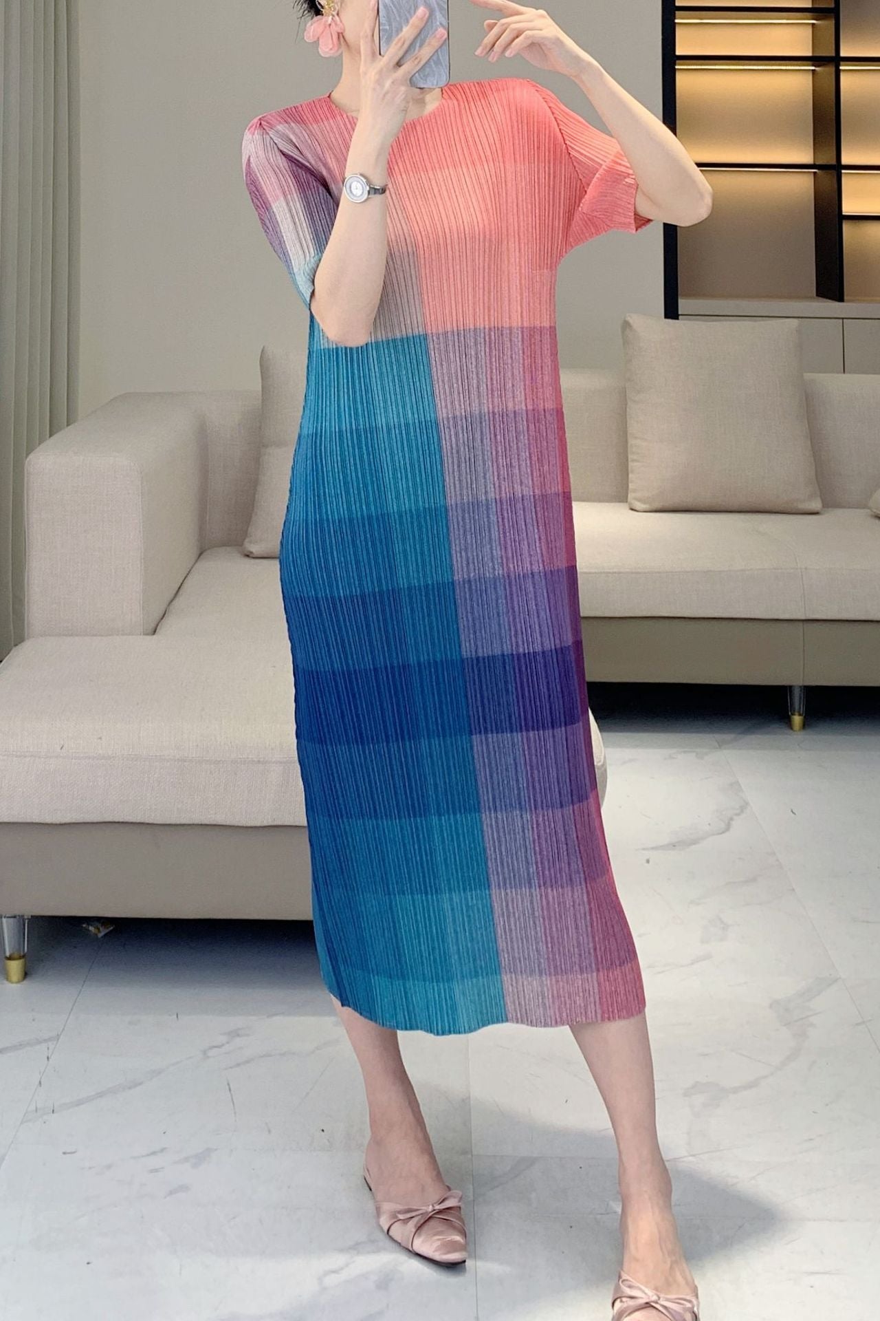 PLEATS PLEASE ISSEY MIYAKE Style Women’s Designer-Inspired Colorblock Pleated Dress