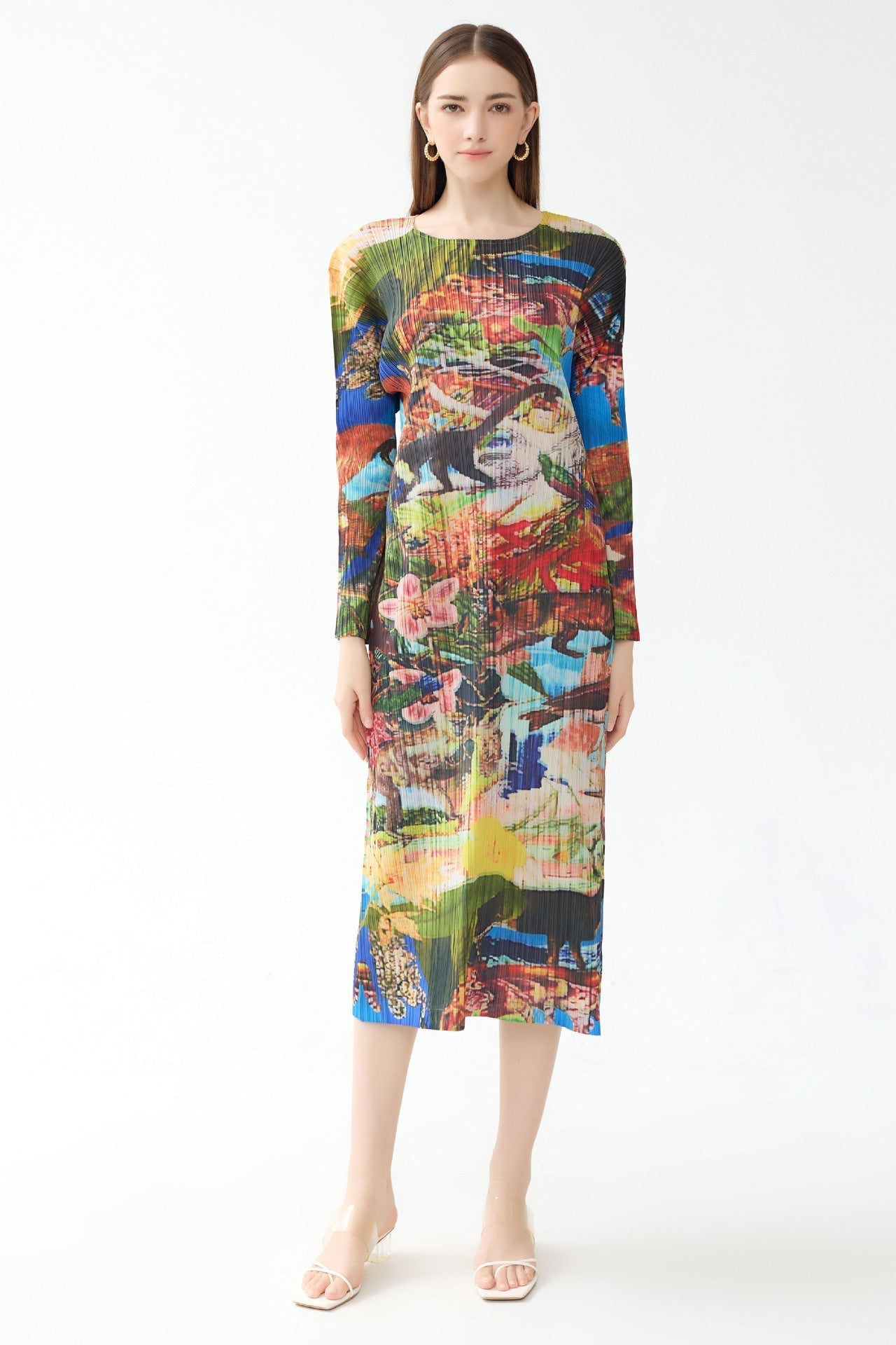 Miyake dress women's summer new pleated Jurassic print long sleeve crew neck A-line skirt long colored skirt