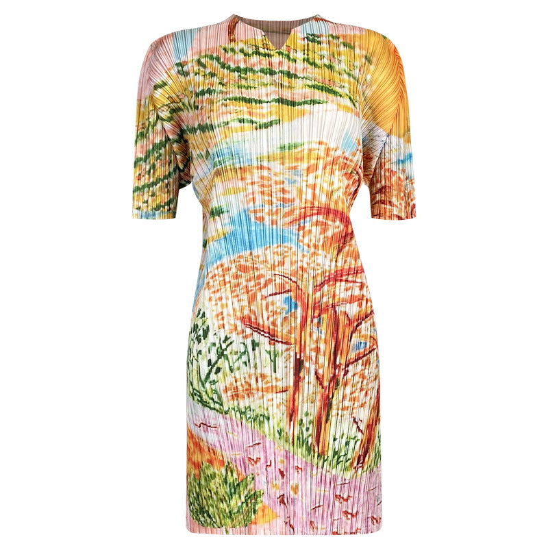 Pleated Tree Painting Print Two-Piece Set for Women