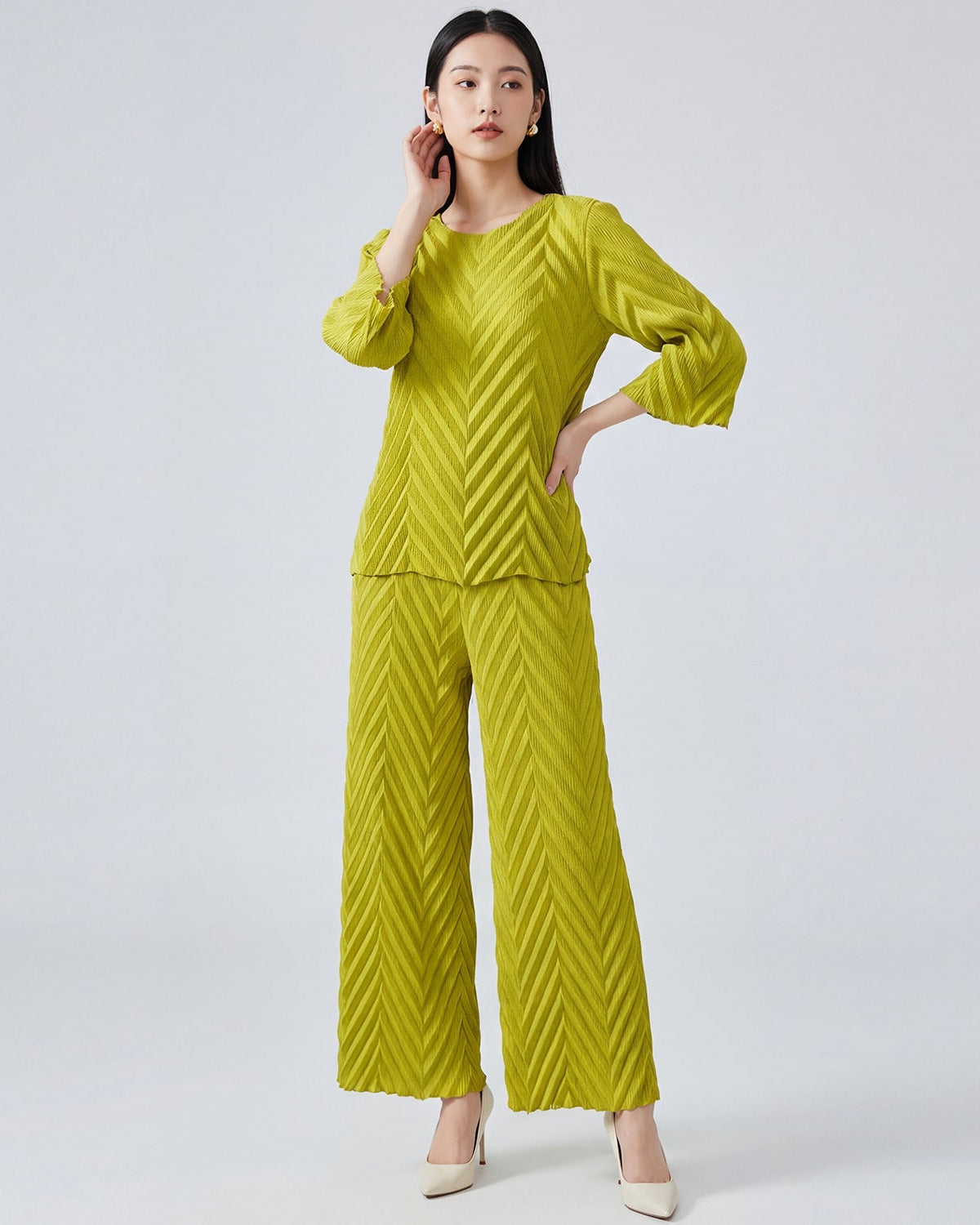 Pleated Long-Sleeve Crew-Neck Top & Wide-Leg Pants Set