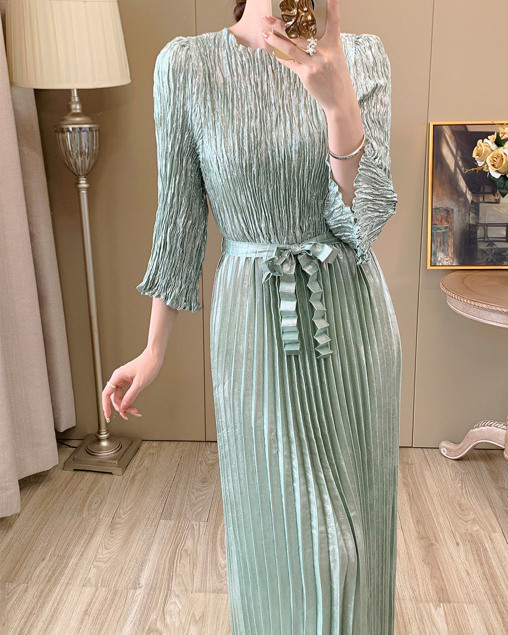 Irregular Lace-Up Pleated Midi Dress