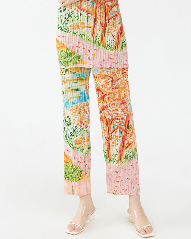 Pleated Tree Painting Print Two-Piece Set for Women