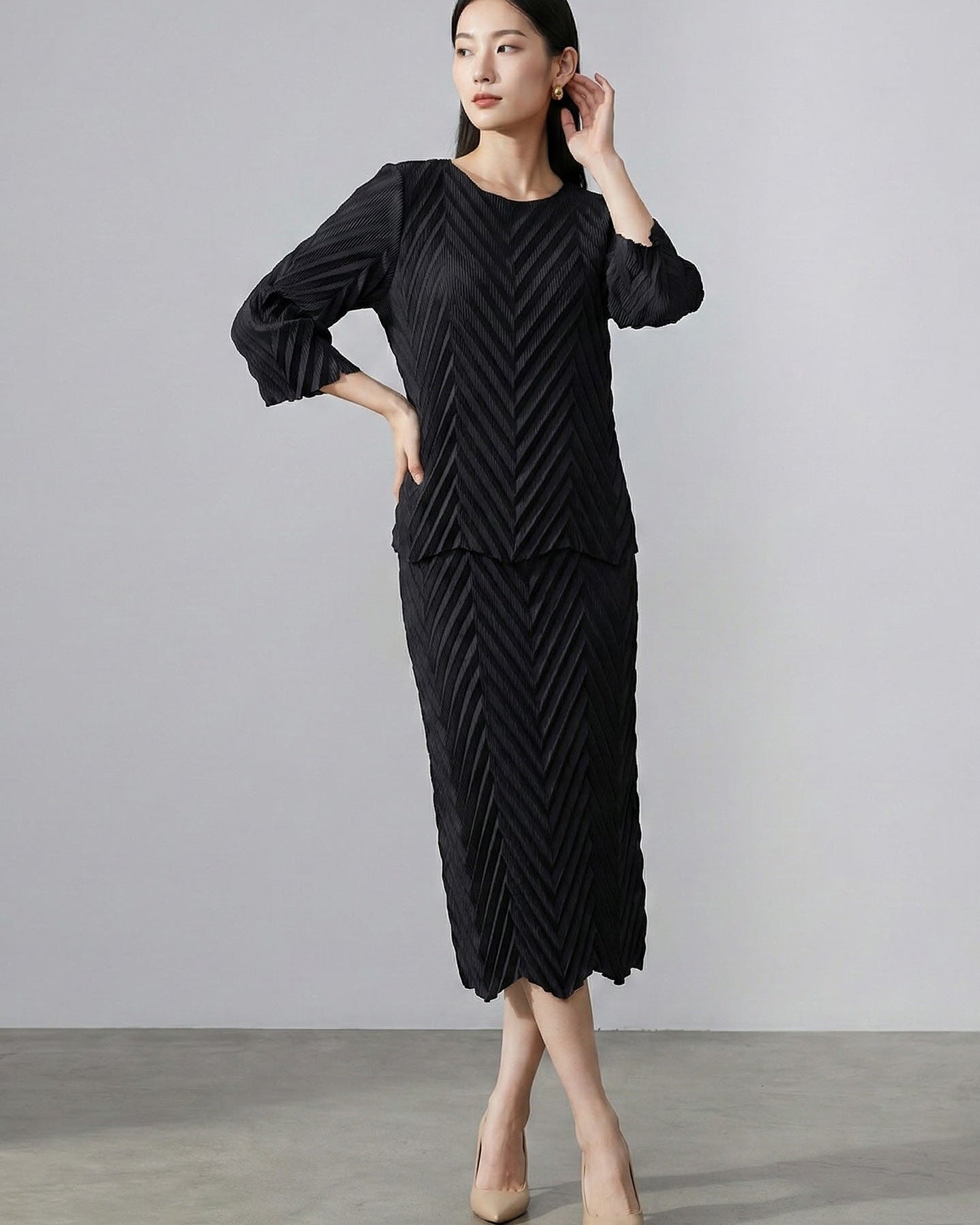 Pleated Long-Sleeve Skirt Set