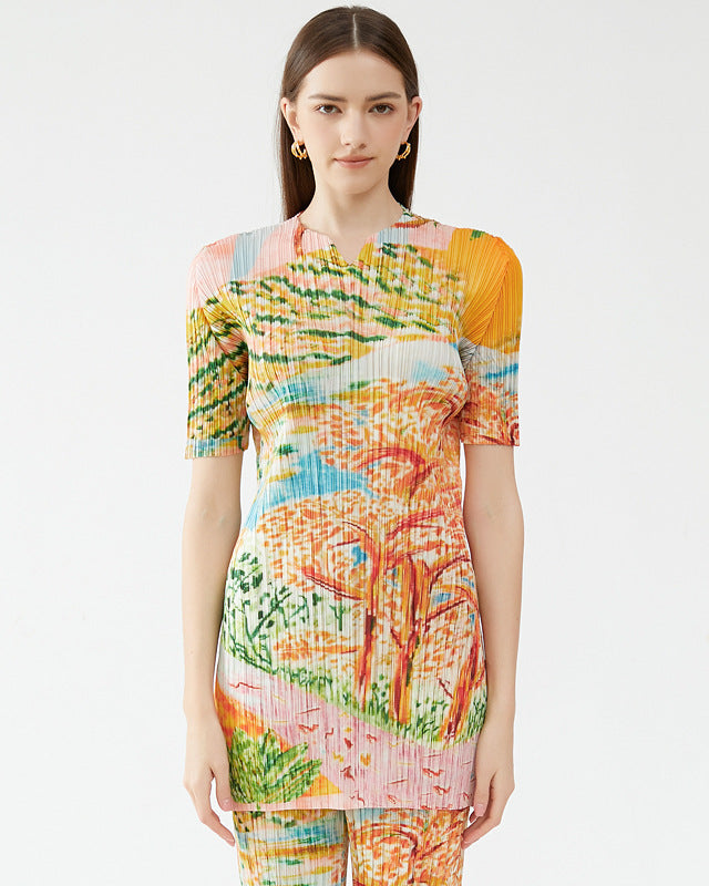 Pleated Tree Painting Print Two-Piece Set for Women