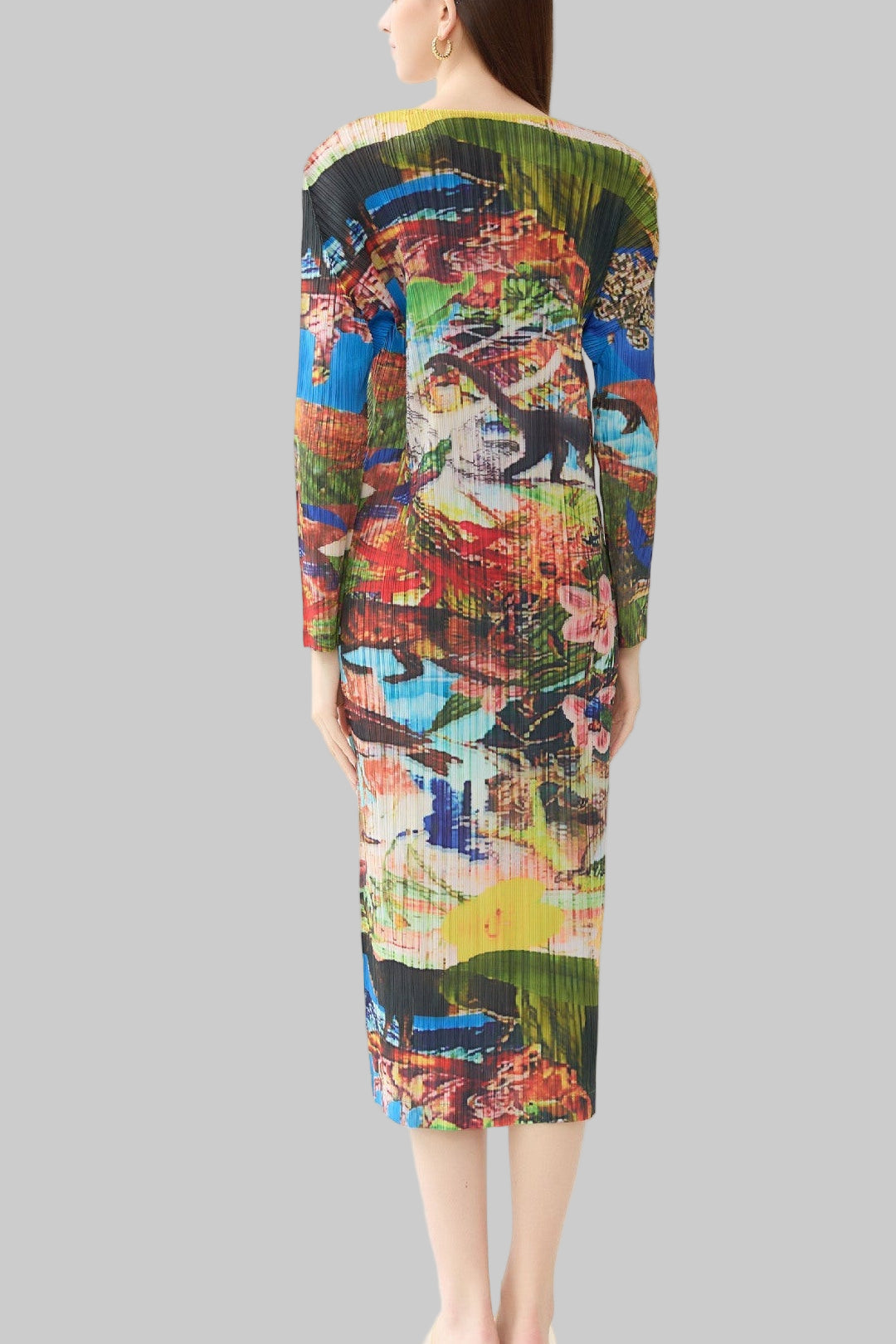 Miyake dress women's summer new pleated Jurassic print long sleeve crew neck A-line skirt long colored skirt