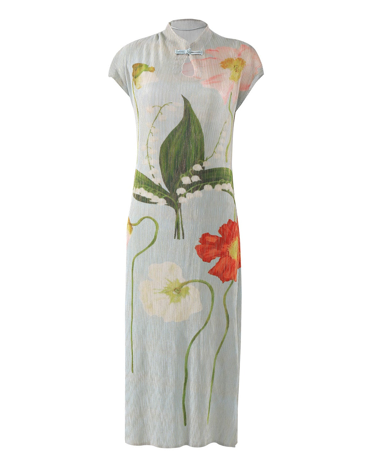 Pleated Printed Cheongsam Dress